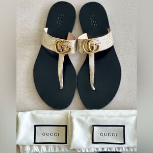 Gucci GG Marmont Sandals Metallic Gold Leather Thong Flats Flip Flops Size 36.5